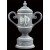 Light gray ceramic trophy cup with vintage male golf scene - 14" ht.
