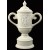 Cream & white ceramic trophy cup with vintage female golf scene & sand carved copy and/or logo - 10" ht.